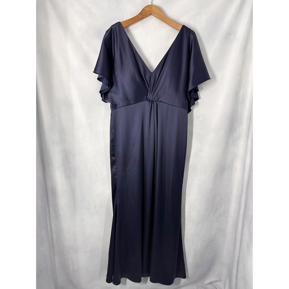Revelry Gwen Navy Short Sleeve Navy Blue Satin Floor Length Gown Women's Size 22 - Picture 2 of 12